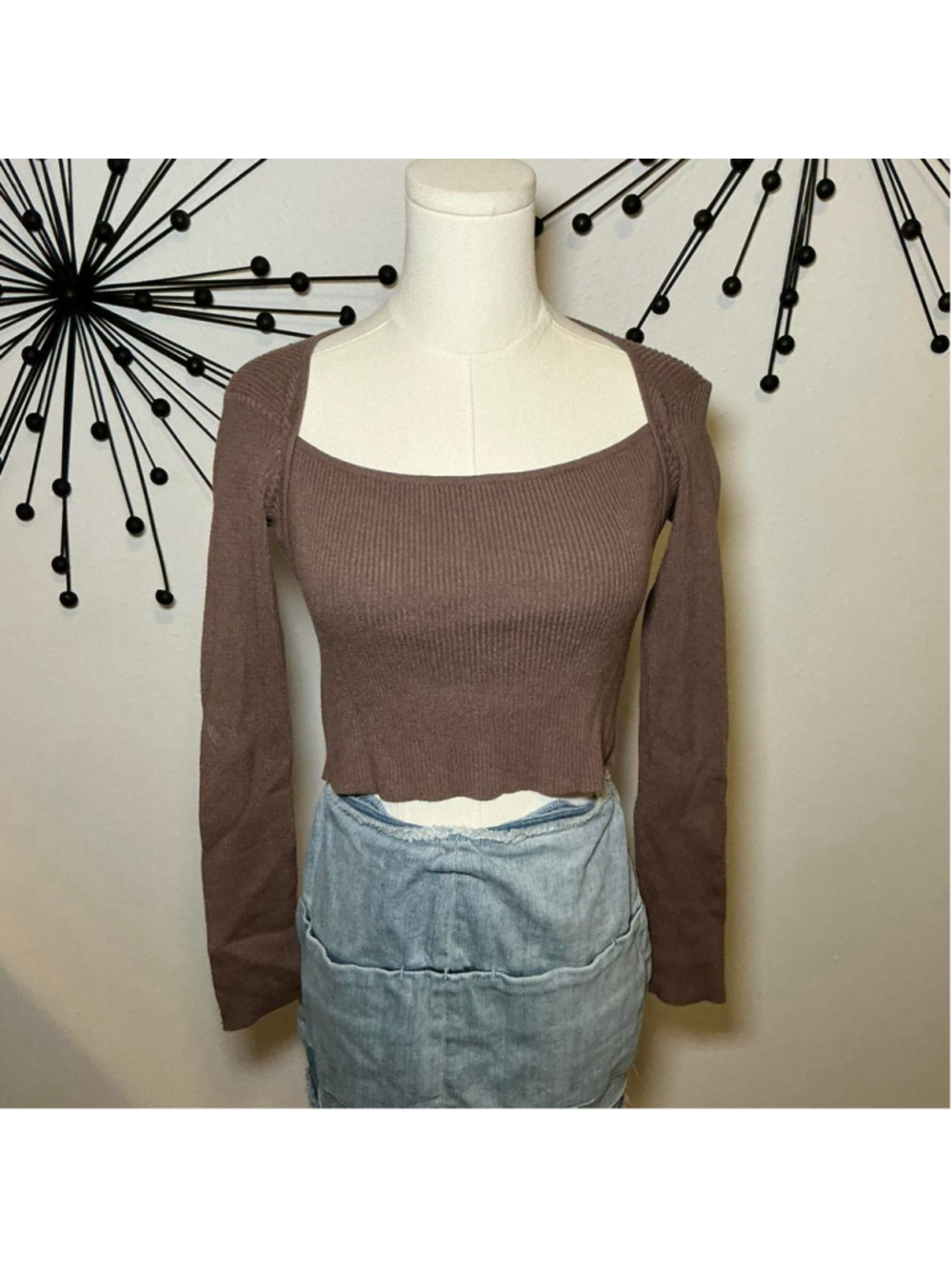 Kittenish Brown Ribbed Long Sleeve Crop Top Medium Y2K Minimalist